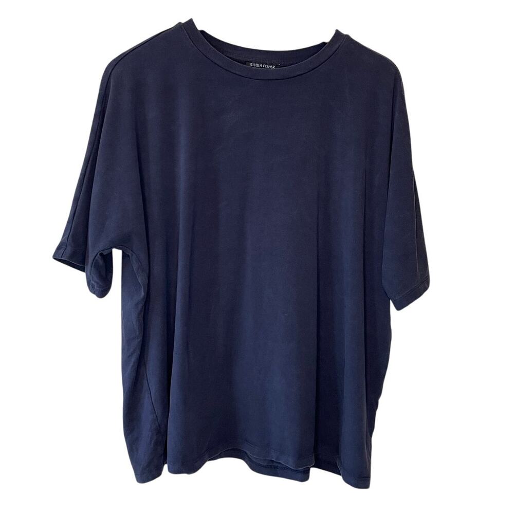Eileen Fisher Boho Minimalist Navy Blue Dolman Short Sleeve Square Cut Tee Small